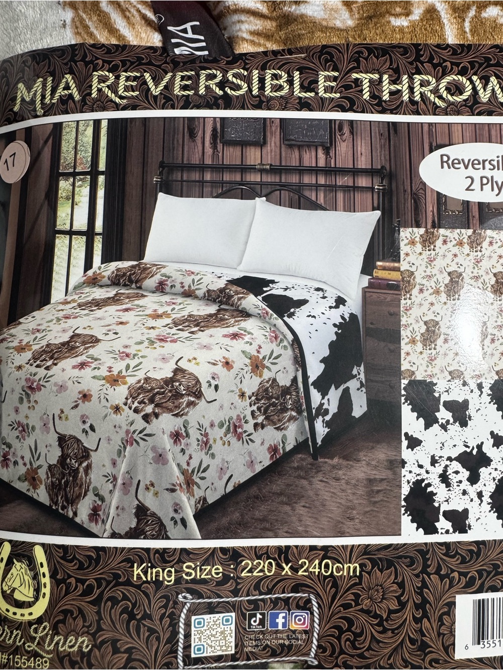 MIA Reversible Floral and Cowhide Throw Blanket - Cream, Brown, Black